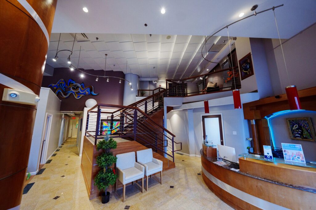 Reception area in lobby of luxury wellness center and spa