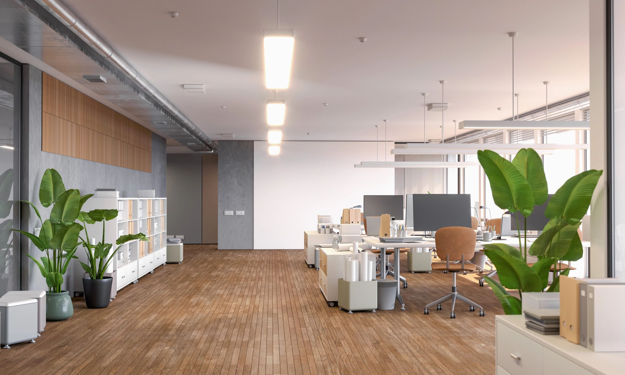 Interior de oficina moderna con estaciones de trabajo